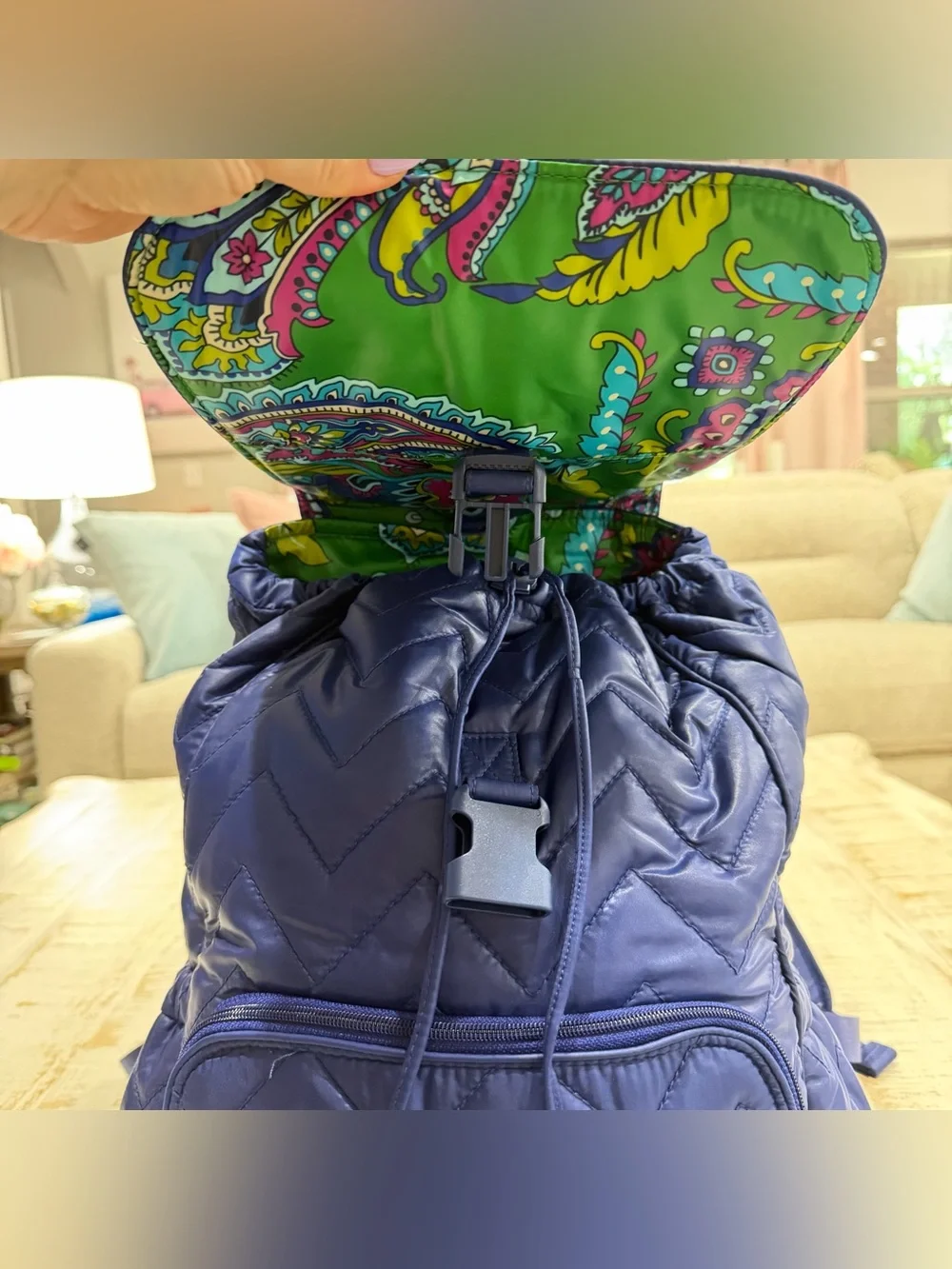 Vera Bradley Backpack Puffy Drawsteing Quilted Chevron Navy Blue Backpack